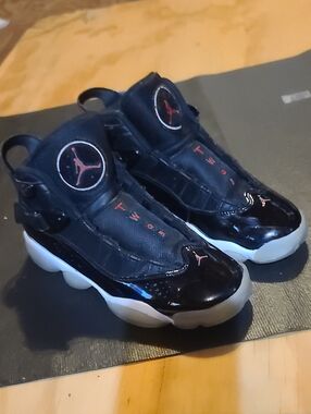 Jordan 6 Rings Kids' Black and White Sneakers with Red Jumpman Accents